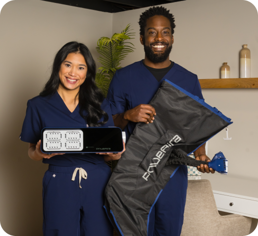 Two clinicians presenting the PnueAira device and compression garment